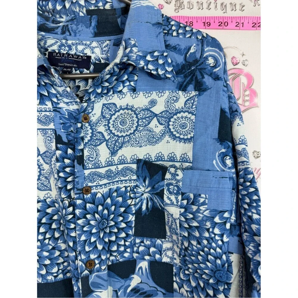 Hathaway shirt tropical palm Blue Patchwork Floral Short-Sleeve Button Down